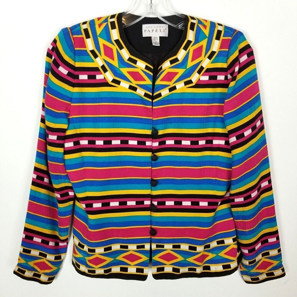 VTG Adrianna Papell Women Silk Light Multicolor Jacket Size 4 Geometric Button